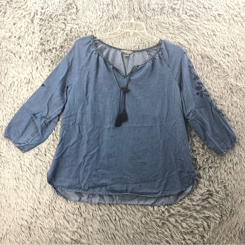 Natural Reflections Shirt Womens XL Tassle Neckline Threaded Collar Embroidered